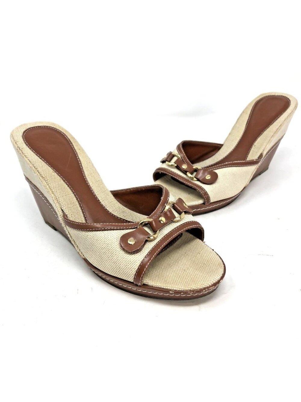 Avon Shoes Womens 8 Ivory Hemp Brown Leather Wedge Heel Slip On Sandals Buckle*